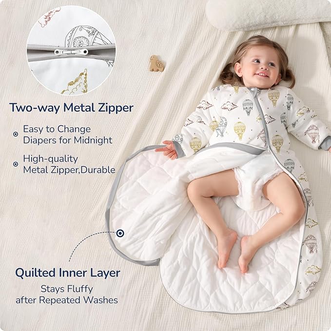 Baby Sleep Sack 18-24 Months, Cotton Detachable Long Sleeve Sleep Sack, 1.0 Tog Toddler Sleeping Sack with Temperature Strips, 2-Way Zipper Wearable Blankets for Newborns, Hot Air Balloon