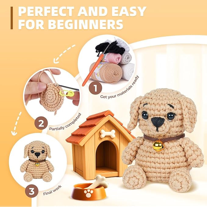 MOREJMTT Crochet Kit for Beginners, Learn to Crochet, Include Easy Knitting Soft Yarn, Step-by-Step Video Tutorial, Hook, Holiday Birthday Gift for Adults and Kids(2pack Dog)