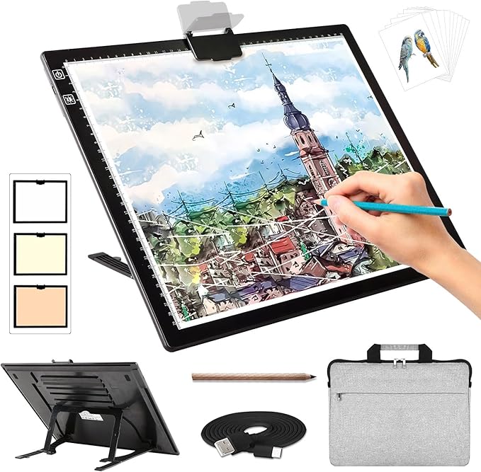 Rechargeable A3 Light Pad for Diamond Painting with Padded Case,Light Board with Stand,3 Colors Stepless Dimmable and 6 Levels of Brightness Light Box for tracing,Drawing,Sketching,Animation