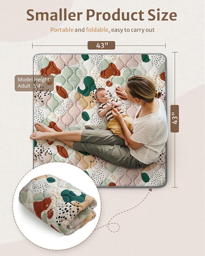 Blissful Diary Portable Baby Play Mats for Floor, Thicker Cushioned Foldable Baby Crawling Mat for Indoor Outdoor, Modern Abstract 43" X 43"