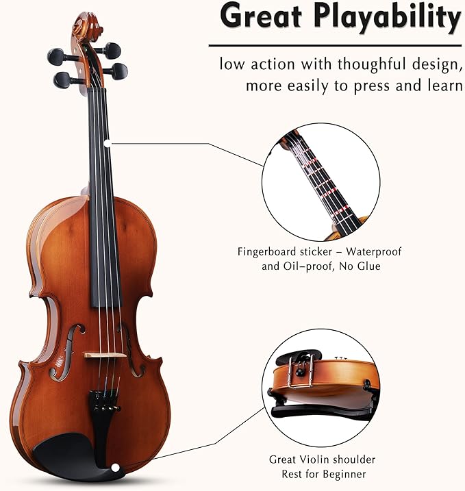 ADM 4/4 Full Size Wood Violin Set for Kids Teens Students Adults Beginner Acoustic Violin Glossy Fiddle Starter Kit with Hard Case, Rosin, Shoulder Rest, Bow, Clip-on Tuner and Fingerboard Sticker