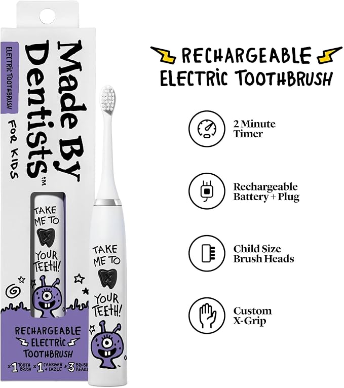 Kids Electric Toothbrush - Rechargeable Vibrating Toothbrush with Timer Includes 6 Replacement Heads, Gently Cleans Teeth, Girls & Boys, Kids & Toddlers Age 2+, Alien