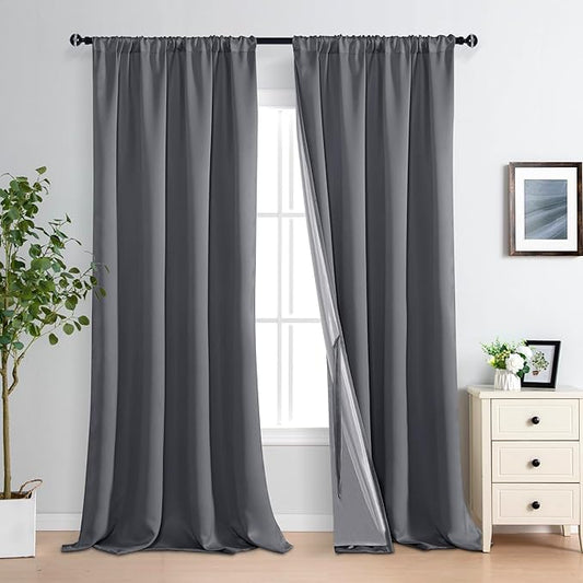 XWZO 100% Blackout Curtain Panels - Extra Long Rod Pocket Thermal Insulated Black Liner Curtains, Noise Reducing and Heat Blocking Drapes for Bedroom with Tiebacks, Dark Grey, W52 x L108, Set of 2