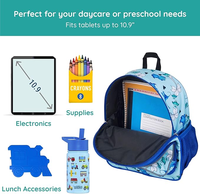 Wildkin JumpOff Jo 12-inch Kids Backpack – Lightweight, Durable Toddler Bag - Blue Dino