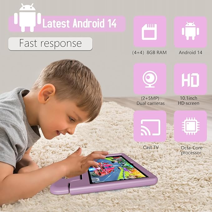 Tablet for Kids 10.1 inch Android 14, 8GB+64GB(TF 1TB) 6000mAh Kids Tablet WiFi6 Parental Control,Face Unlock, 1280 * 800 HD Screen