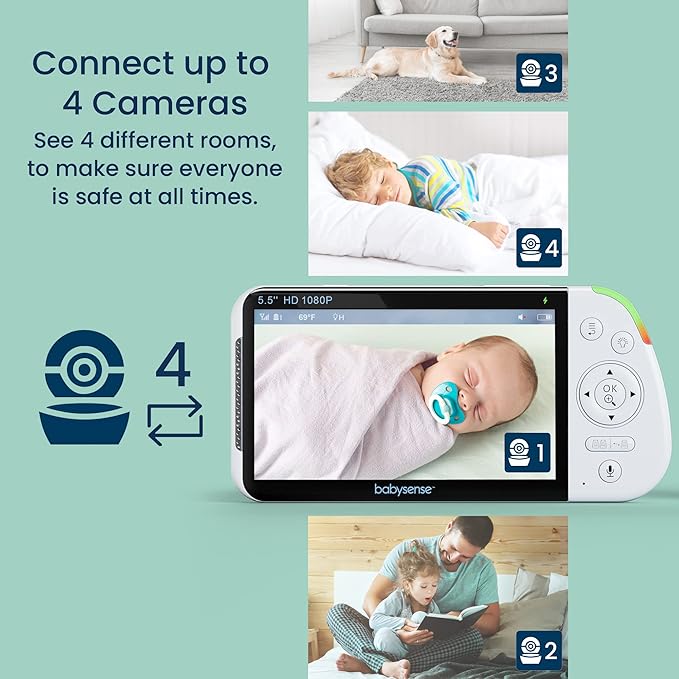 Babysense 5.5" Full-HD Split-Screen Baby Monitor, 1080p Video Baby Monitor with Camera and Audio, 3 Cameras with 6-Color RGB Night Light, 1000ft Range, Two-Way Audio, 4X Zoom, Large Battery