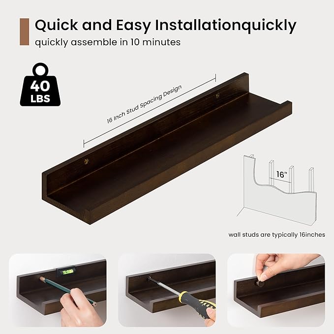 Picture Ledge Shelf, Solid Pine Wood Floating Shelves Set of 4, 16 Inches Nursery Book Shelves for Toys Storage, Kids Bookshelf Wall Mounted for Living Room Decor Photo Frames, Walnut