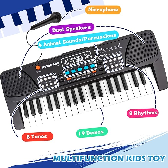 M SANMERSEN Kids Piano Keyboard, Piano for Kids with Microphone Portable Electronic Keyboards for Beginners 37 Keys Musical Toy for 3/4/5/6 Year Old Girls Boys