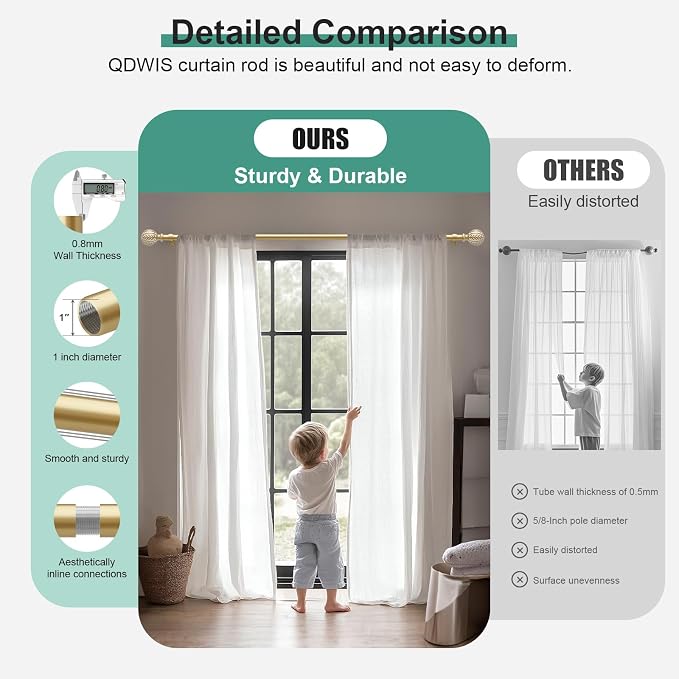 QDWIS 2 Pack Gold Curtain Rods for Windows 48 to 84 inch, Rustic Decorative - Image 3