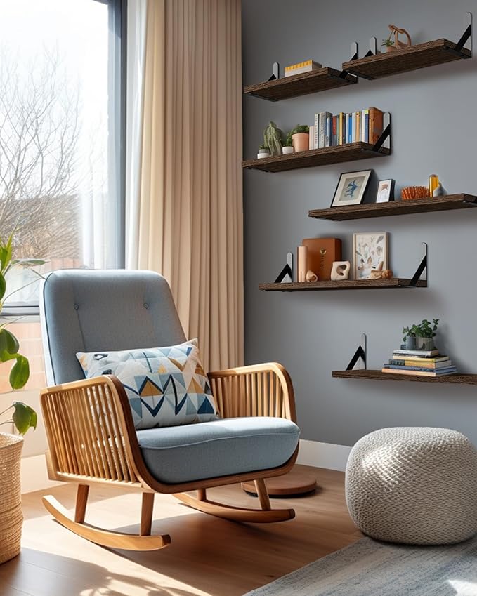 AMADA HOMEFURNISHING Wall Shelves Set of 6, Rustic Farmhouse Floating Shelves for Bedroom, Bathroom & Living Room, Brown Wood