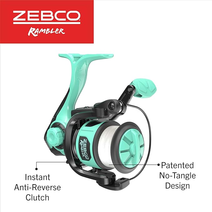 Zebco Rambler Fishing Reel and Rod Combo, Durable Fiberglass Rod with Built-in Carabiner, Patented No-Tangle Reel, Pre-Spooled with 8-Pound Zebco Fishing Line