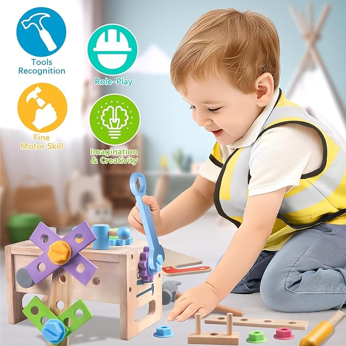 Aliex Wooden Kids Tool Set, 30pcs Toy Tools for Toddlers with Vest, Tool Kit Toddler Montessori Stem Learning Educational Toys for 3 4 5 Years Old Boys Girls, Birthday Gift for Kids