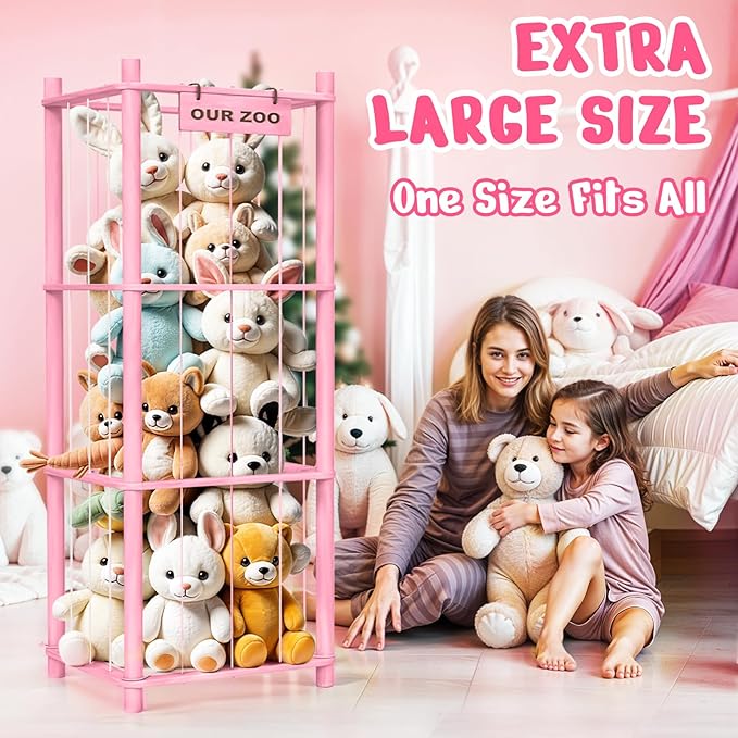 Stuffed Animal Storage & Organizer, Wooden Cute Zoo Toy Holder for Toddler Rooms, Playrooms & Bedrooms（Pink）