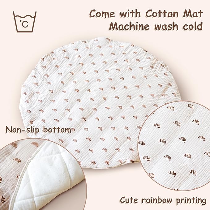 Wooden Baby Play Gym with Mat, Foldable Baby Play Gym Frame Activity Gym Hanging Bar with 6 Gym Baby Toys Rainbow Playmats for Newborn Baby (Natural)