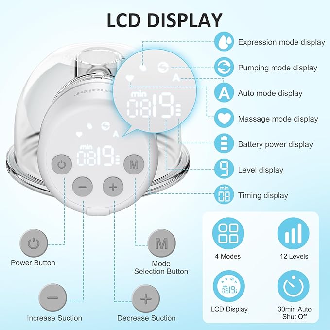 Wearable Breast Pump, Hands Free Breast Pump, Portable Electric Pump with LED Display, Ultra-Quiet and Pain Free- 4 Modes & 12 Levels, 24mm Flange, 2 PackPack