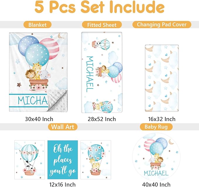 Personalized Baby Bedding Set, 5 Pcs Custom Toddlers Bedding Set with Infant Name, Double Layer Nursery Crib Set for Boys Girls, Customized Gifts for Infants Baby Shower, Hot Air Balloon Animal