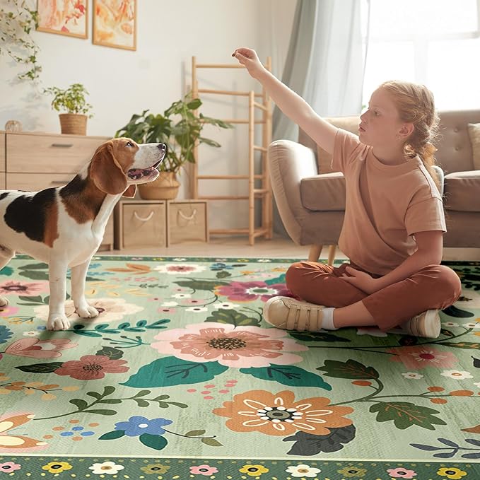 Floral 2x10 Area Rug Machine Washable Soft Print Boho Carpet Non Slip Doormat Low Pile Flower Area Rugs for Living Room Bedroom Nursery Kitchen Dining Room Indoor-Light Green