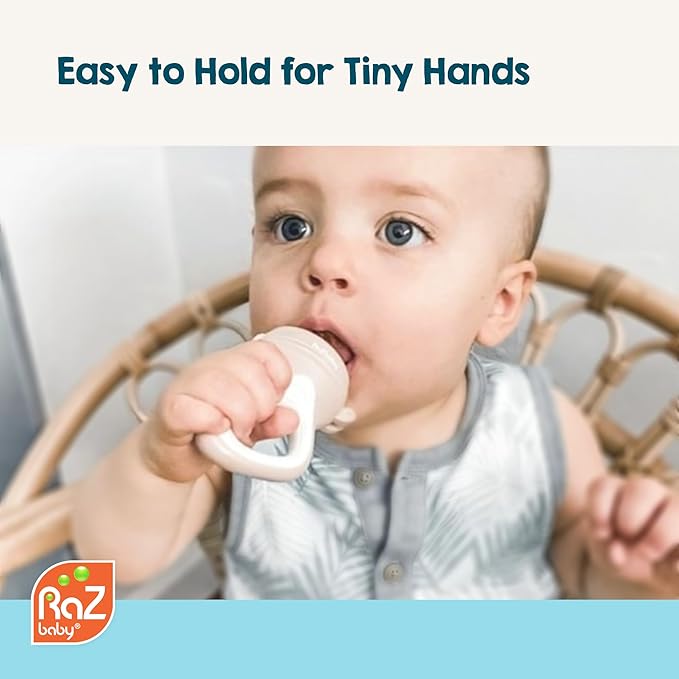 RaZbaby Baby Solids/Frozen Fruit Feeder Pacifier, Infant Teether Toy 6M+, BPA-Free, Safely Introduce Solids, Natural Teething Relief, Dishwasher Safe, Freezable – Blue & Orange 2-Pack