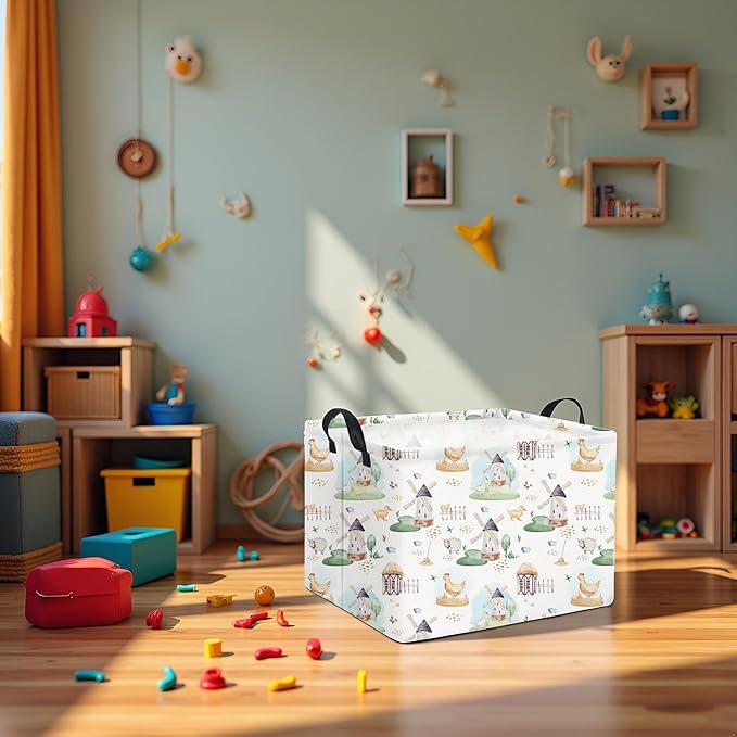 HIYAGON Rectangular Baby Basket for Boys Kids Baby Storage Basket Toy Storage Bin Organizer Box Room Decor(Farm)