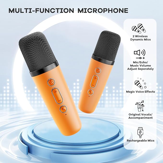 YLL Mini Karaoke Machine for Kids Adults, Portable Bluetooth Speaker with 2 Wireless Microphones, Birthday Gifts Toys for Girls Boys Ages 3, 4, 5, 6, 7, 8, 9,10,11,12+ Years Old Toddler (Orange)