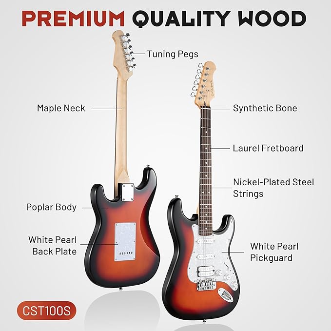 CAHAYA Electric Guitar Kit 39in - Full Size Electric Guitar Kit for Beginner Starter Poplar Solid Body with 10W Amplifier, Gig Bag, Strap, Tuner, Cable, String, Picks