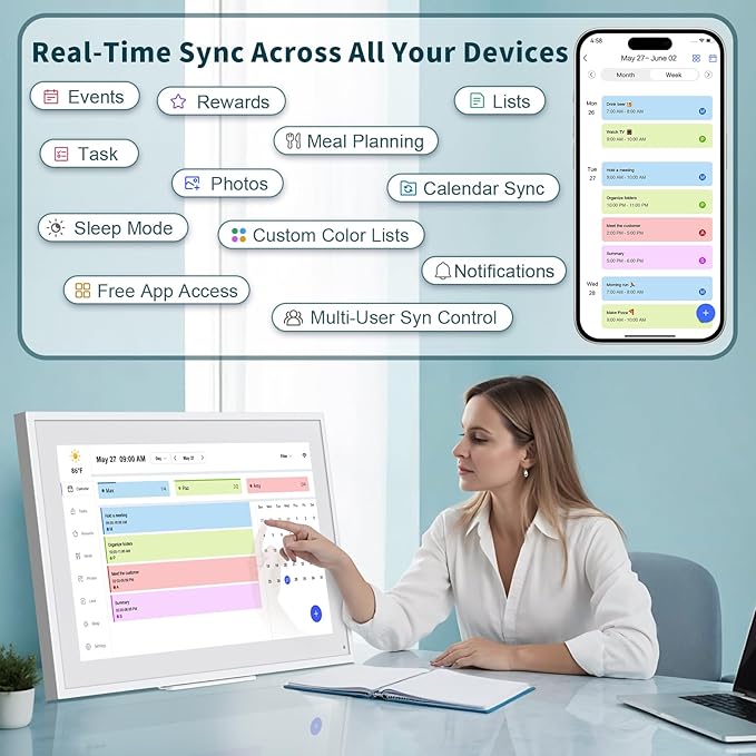 Digital Calendar, 21.5 Inch Wall Planner Digital Calendar & Chore Chart, IPS HD Touchscreen Interactive Display for Family Schedules, Streamline Household Organization, Wall Mount Included