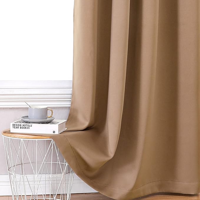 ChrisDowa 100% Blackout Curtains for Bedroom with Black Liner, 2 Thick Layers Total Blackout Thermal Insulated Grommet Small Window Curtains 2 Panels Set (Cappuccino, 42 x 54 Inch)