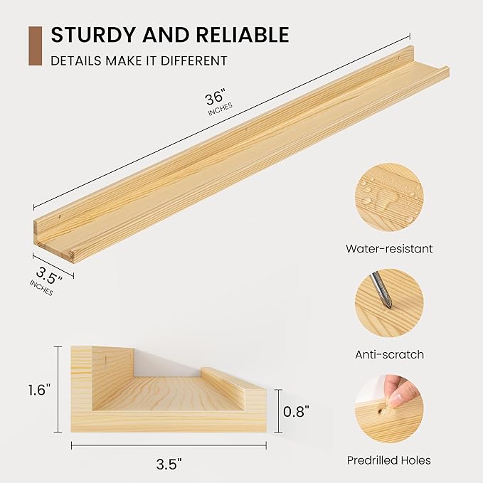 Picture Ledge Shelf, Solid Pine Wood Floating Shelves Set of 2, 32 Inches Nursery Book Shelves for Toys Storage, Kids Bookshelf Wall Mounted for Living Room Decor Photo Frames, Unfinished Natural