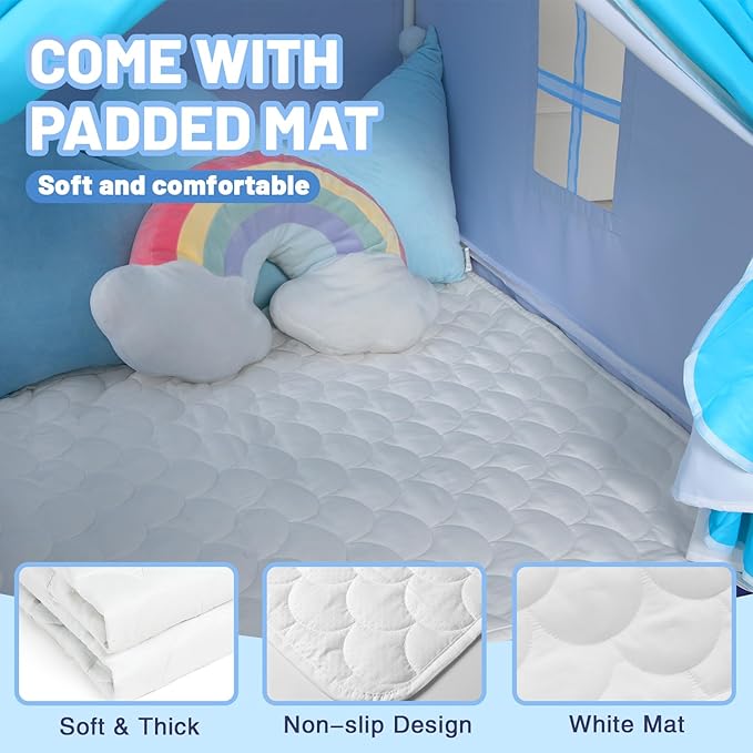 Wilwolfer Kid Tent with Mat, Star Lights - Kids Play Tents for Toddlers Kids Tents Indoor Playhouse - Princess Tent for Girls Toy House Gift (Blue with Cloth)