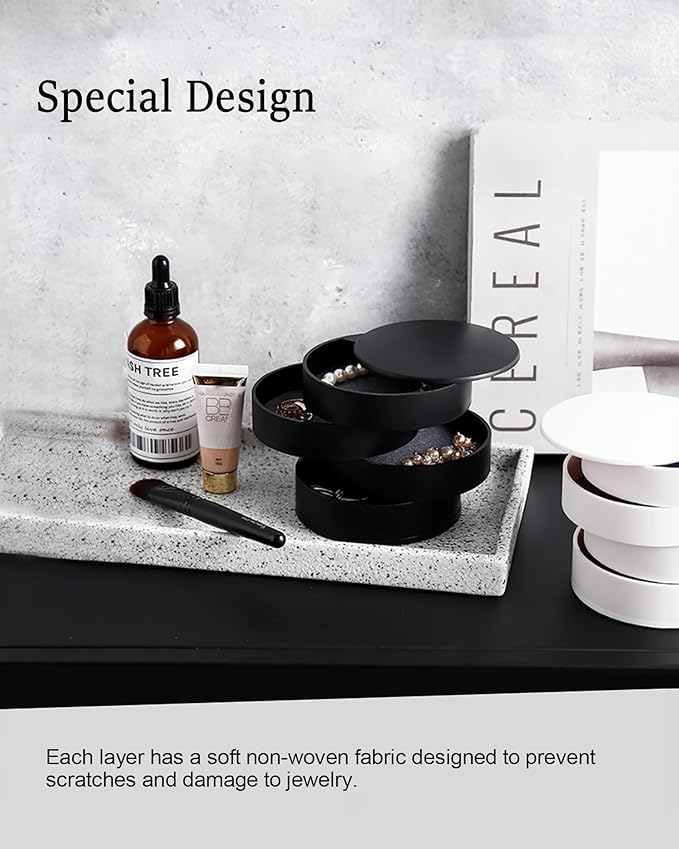 CONBOLA Jewelry Organizer, Small Jewelry Storage Box Earring Holder for Women, 5-Layer Rotating Travel Jewelry Tray Case with Lid for Bracelets Rings Bracelets(Black)