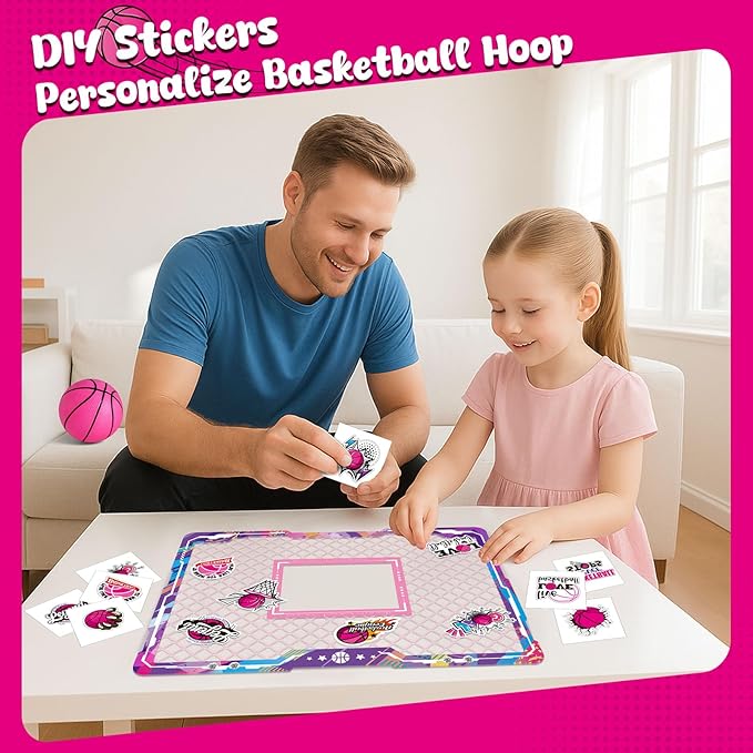 LovesTown Mini Indoor Basketball Hoop for Kids, Pink Basketball Hoops Over The Door with LED Lighting - 4 Balls - DIY Stickers, Great for Home, Dorms, Offices, and Gifts for Girls