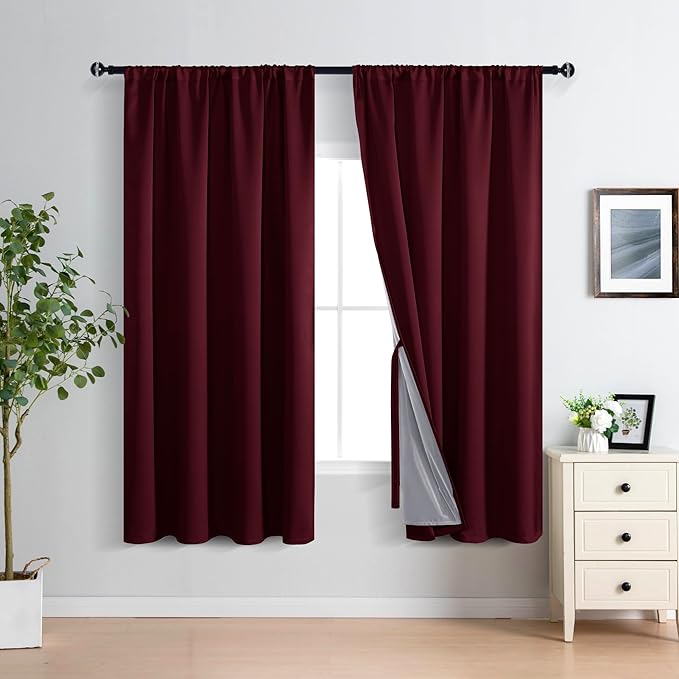 XWZO 100% Blackout Curtains with Tiebacks - Heat and Light Blocking Rod Pocket Window Drapes with Black Liner Backing for Bedroom Sewn with Tiebacks, Burgundy, W52 x L72, Set of 2