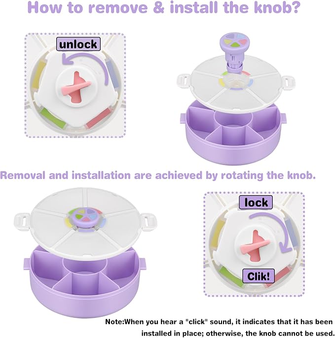 Kids Reusable Rotating Snack Container with 5 Separate Compartments, Color Matching Opening Lid, BPA/PVC-Free, Dishwasher Safe, Perfect for Travel, School Lunches & On-the-Go Snacking-Purple
