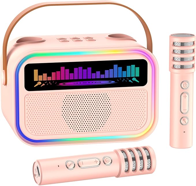 Kids Karaoke Machine for Girls, Kids Toys Gifts for Age 3-12+, Portable Bluetooth Speaker with 2 Wireless Microphones, Toddler Singing Karaoke for Birthday, Family, Home Party (Pink)