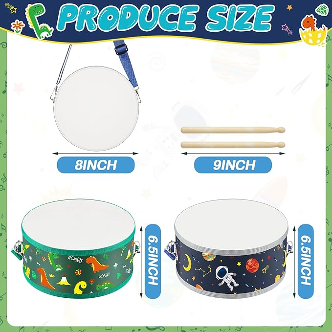 Boao 2 Pcs Kids Drum Set, 8 Inch Toddler Drum Wooden Toy with Adjustable Strap and 4 Drumsticks, Educational Sensory Musical Instrument for Toddlers Kid Baby Boys Girls Gift (Dinosaur)