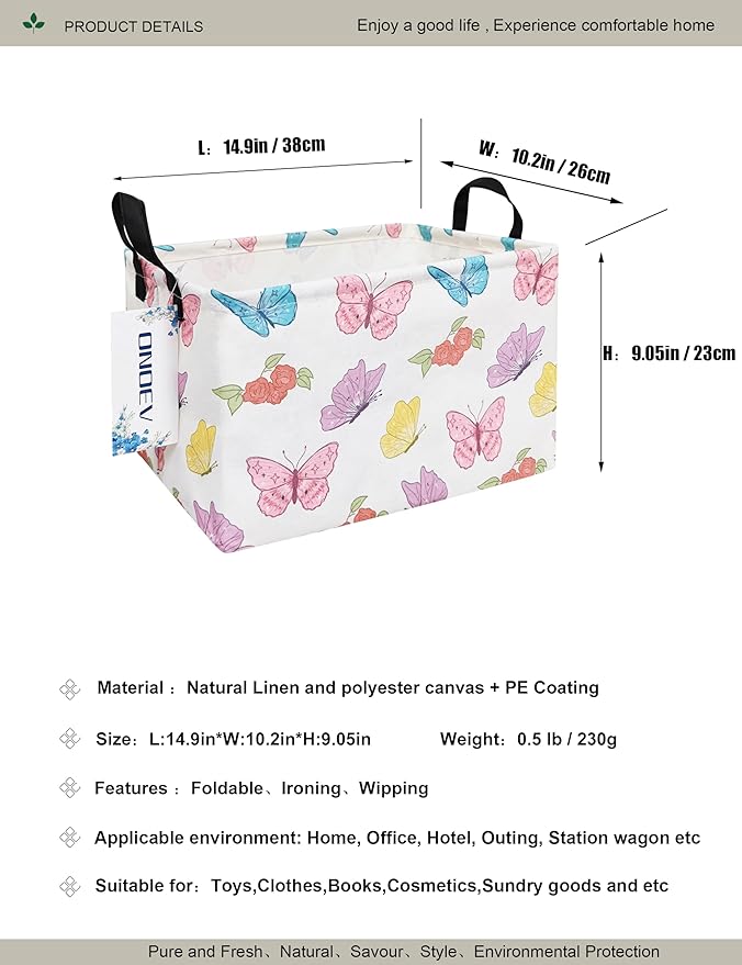 Rectangular Folding Laundry Basket,waterproof Canvas Basket,gift basket,Suitable for children's room,Office,Clothes,Toys Storage(Butterfly)