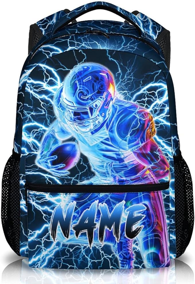 Boys School Backpack, Personalized Football Backpacks for Kids Kindergarten Senior Middle, 17 Inch Lightweight Lightning Bookbag with Custom Name, Cool Back to School Gift
