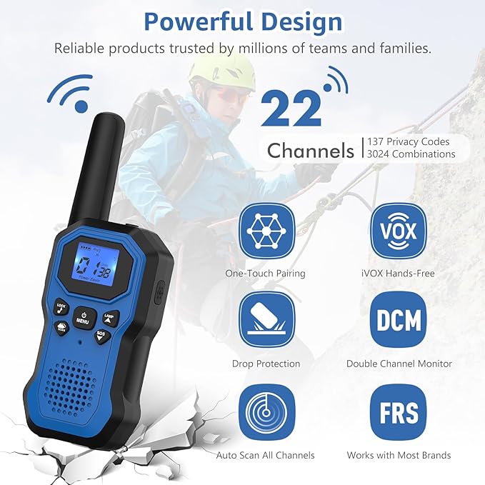 Walkie Talkies for Adults Long Range 2 Way Radios for Kids Rechargeable 4 Pack, Hiking Camping Skiing Cruising Gear with Lamp, USB-C, SOS Siren, NOAA Alert, iVOX Hands-Free, One-Touch Pairing