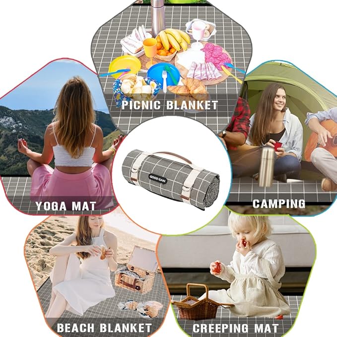 Picnic Outdoor Blankets Waterproof Extra Large - Beach Mat Sand Free Foldable with Carry Strap | Portable Camping Blanket | Park Blanket for Grass Park, Hiking, Travel, Concerts, Indoor (Grey Check)