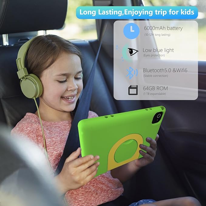 Tablet for Kids 10.1 inch Android 14 6000mHA 8GB RAM+64GB ROM(Expandable to 1TB Kids Tablet Age 3-12 with Case& Lanyard WiFi6 Google Kids Space Parental Control 1280 * 800 HD Screen Green