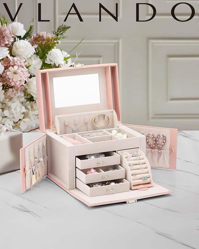 Vlando Jewelry Box Organizer for Girls Women, Large Baroque Jewelry Holder Organizer with Mirror, 3 Drawers for Bracelets, Earrings, Rings, Necklaces, Mothers Day for Loved One, Pink
