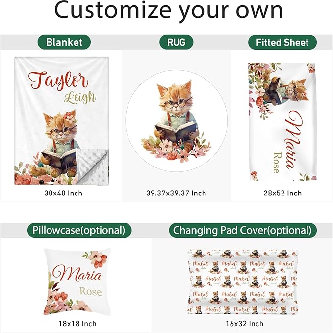Personalized Baby Crib Bedding Set - Custom Name Cat Theme 3 Pcs Set - Soft Blanket with Double Layer Dotted Backing, Fitted Sheet, Room Rug for Newborns Boys Girls Shower Gift