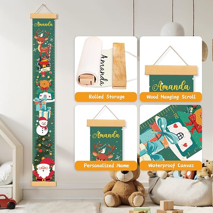 Personalized Name Growth Chart Wall Decor for Kids – Canvas Removable Height Chart Measuring Ruler 59" x 7.9" （Christmas Deer）