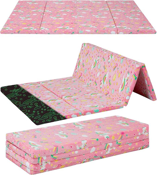 MeMoreCool Kids Floor Futon Mattress Large 6x4 FT, Thicken Foam Tatami Mattress for Children Play Area, Foldable Sleeping Pad Crawling Tatami Mat for Playroom, Pink Rainbow