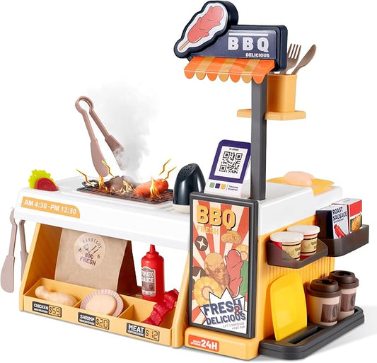 Kids Kitchen Food PlaySet - Simulated BBQ Fast Food Store Toy with Cash Register, Includes Color-Changing Food Sound and Light Effects, Suitable Birthday Gift for Boys and Girls Aged 3-5