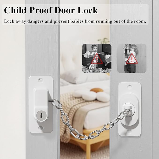 Child Proof Door Lock (2 Pack), Door Locks for Kids safety & Cat Door Latch, for Fridge Lock, Cabinet Locks, Window Locks and Baby Proofing, Strong non-marking Adhesive No Drilling (White)