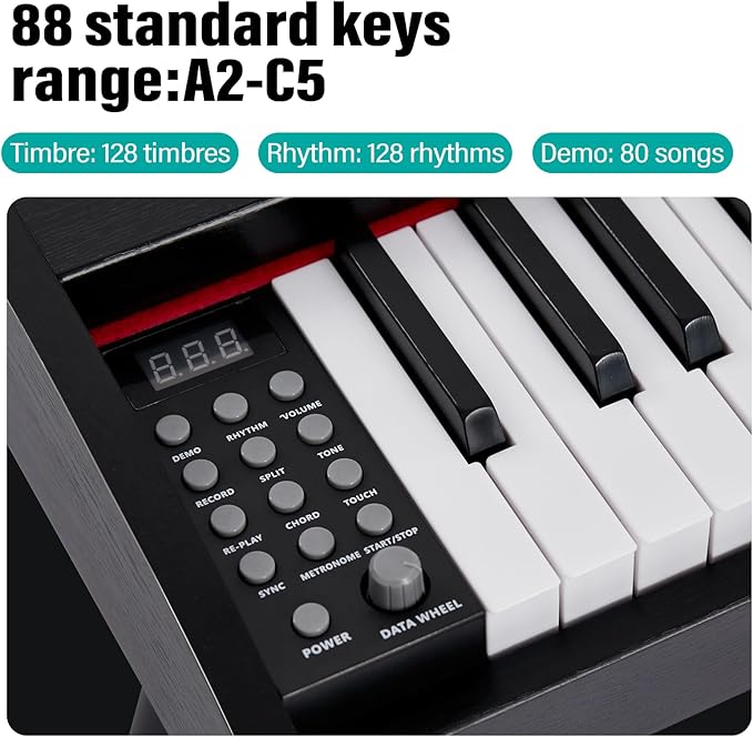 AODSK 88 Keys Digital Piano,Full-size semi weighted key,128 Tones & Rhythms, MIDI/USB Connectivity, Headphone Jack