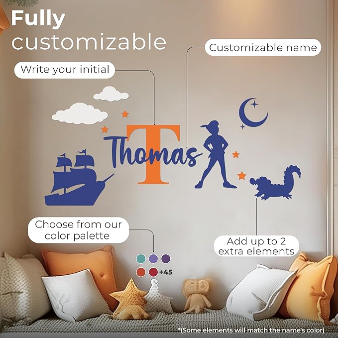 CRYPTONITE Personalized Name & Initial Tinkerbell Vinyl Wall Decals - Baby Girl Bedroom Decor - Fairy & Princess Wall Decals (B. Peter Pan)