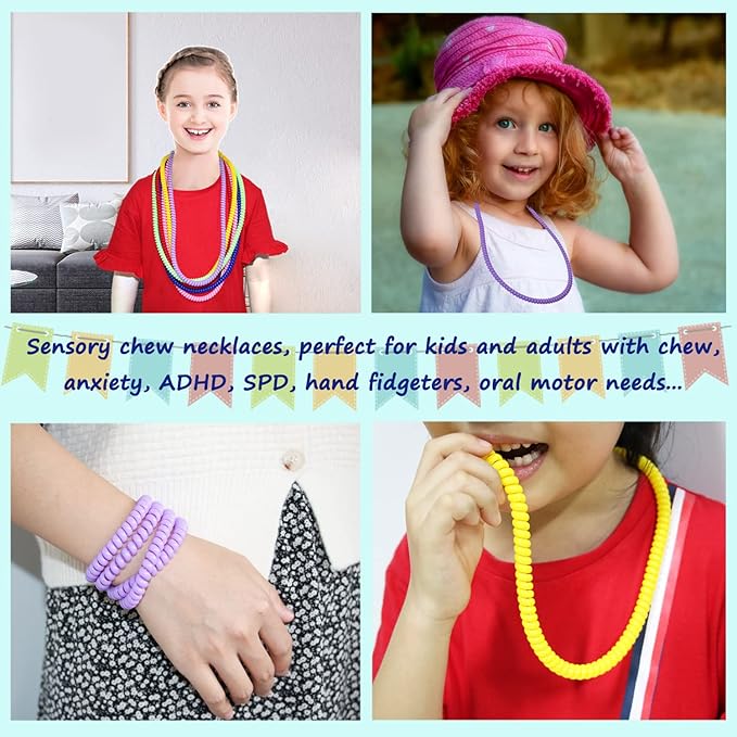 Sensory Chew Necklace for Boys and Girls, 6 Pack Stretch Chewing Necklaces for Kids with Autism ADHD SPD, Oral Motor Aids Baby Chew Toys Reduce Fidgeting for Kids Chewer (6)