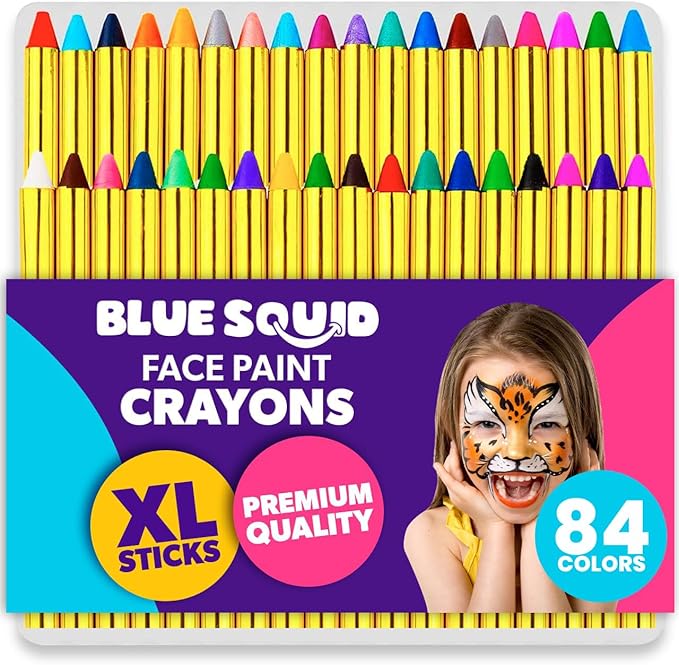 Face Paint Crayons for Kids, Blue Squid 84pcs XL Face & Body Painting Makeup Crayons, Safe for Sensitive Skin, Metallic & Classic Colors, Birthdays & Halloween Makeup Sticks - (2 x 42 Color Sets)